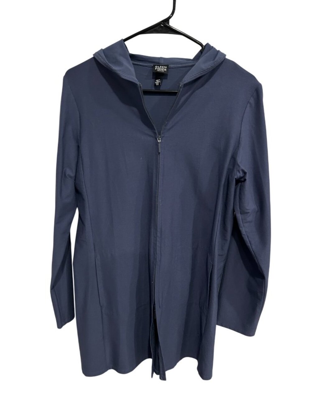 Eileen Fisher Petite Navy Blue Zip-Up Hooded Lightweight Jacket SZ PM Minimalist